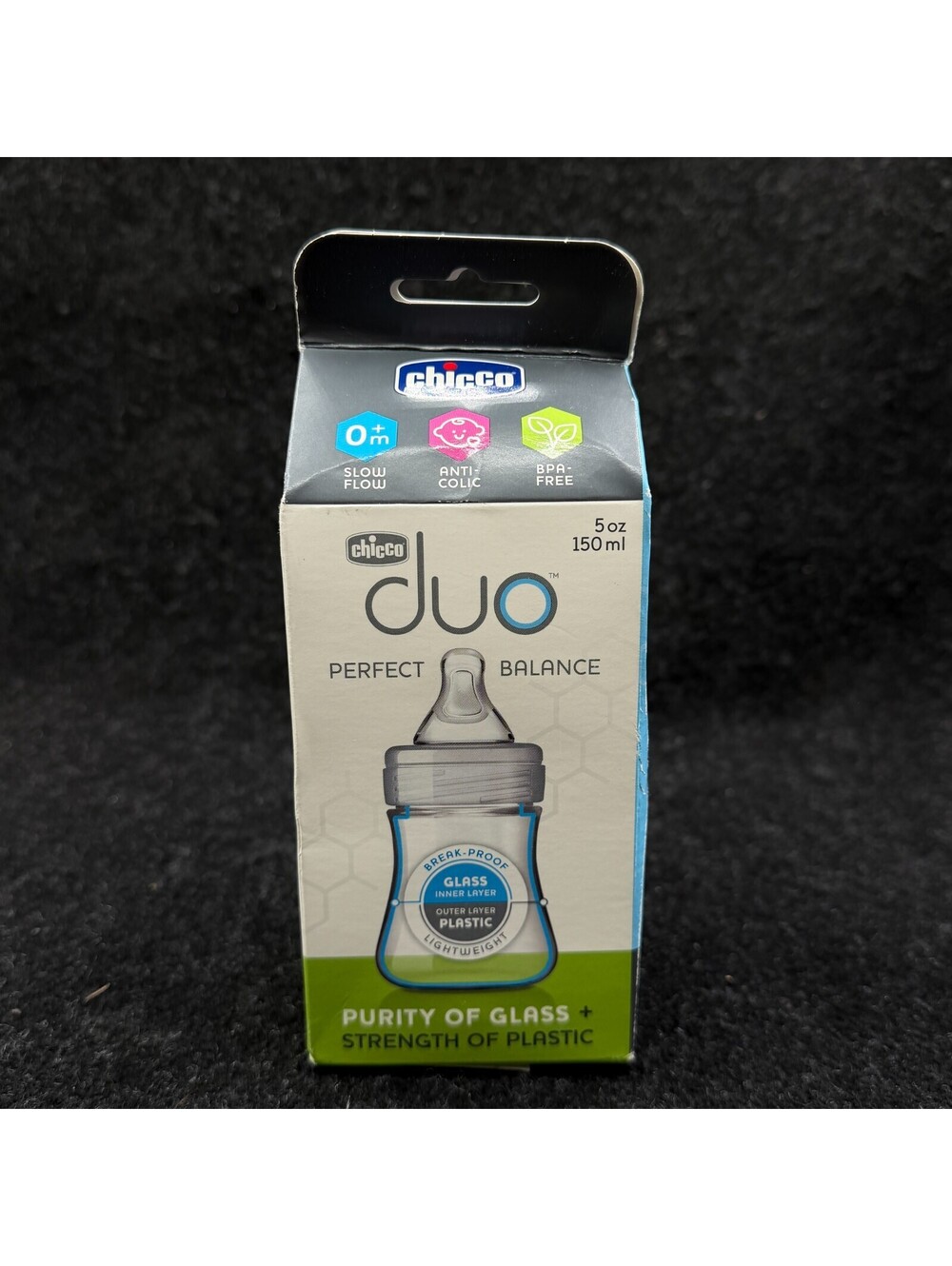 Chicco Duo Slow Flow Baby Bottle, Invinci-Glass Inside/Plastic Outside, 5oz,